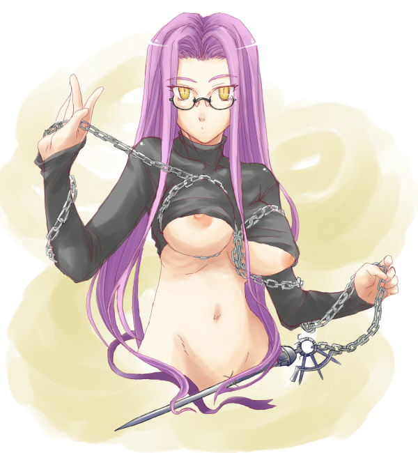 blue_(ao_maru) breasts chain fate/stay_night fate_(series) glasses large_breasts long_hair midriff nameless_dagger purple_hair rider solo underboob very_long_hair yellow_eyes