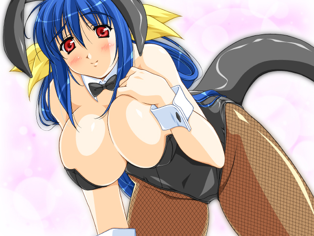 animal_ears blue_hair blush bow breasts bunny_ears bunnysuit cleavage cuffs dizzy guilty_gear hair_bow huge_breasts long_hair pantyhose racco red_eyes solo tail