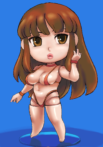 blue_background breasts brown_eyes brown_hair chibi copyright_request doll_joints large_breasts lips long_hair lowres matoyama oekaki solo