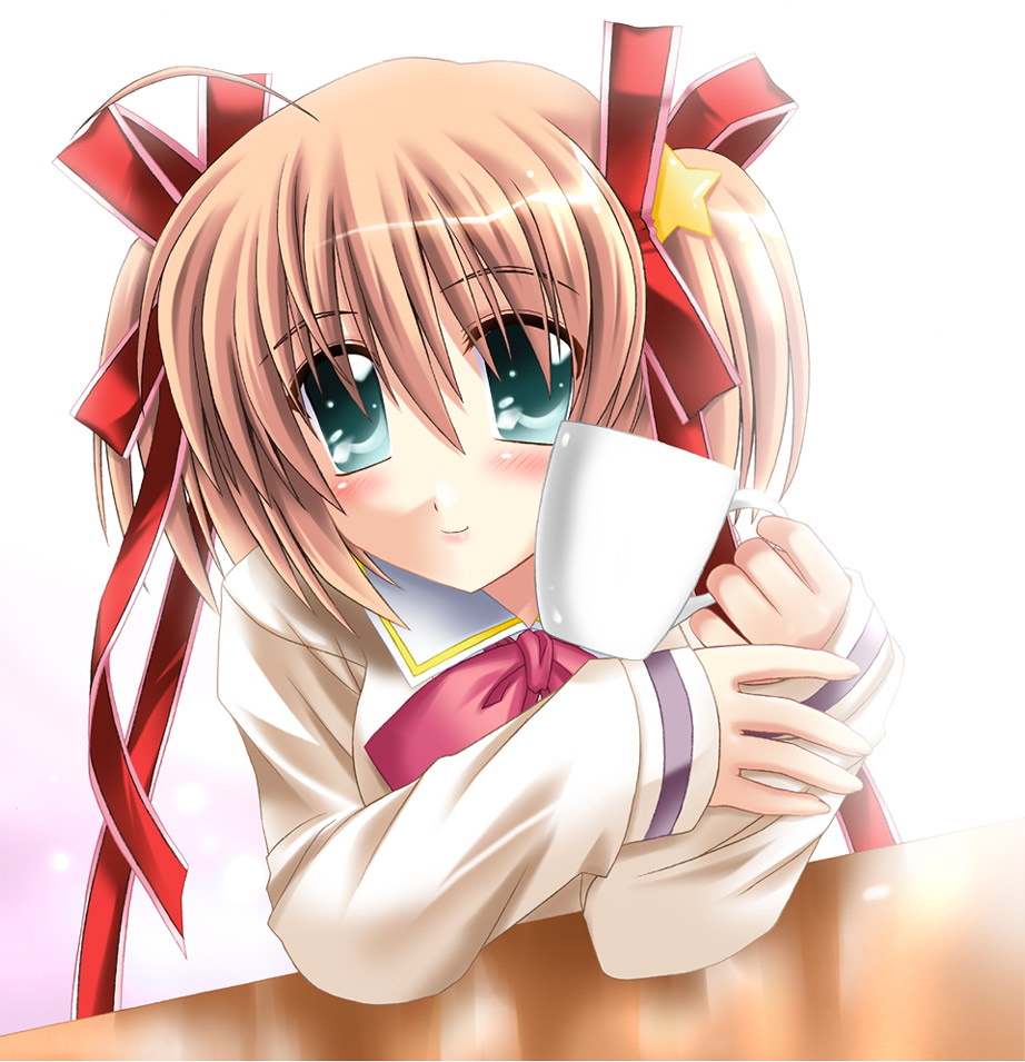 blonde_hair blush bow bowtie closed_mouth cup green_eyes hair_bow holding kamikita_komari little_busters! long_sleeves otoki_raku pink_bow red_bow red_neckwear smile solo tareme twintails upper_body