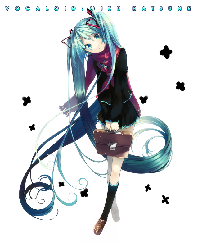 aqua_eyes aqua_hair bag black_legwear black_serafuku blue_hair briefcase character_name copyright_name full_body hair_ribbon hatsune_miku kneehighs loafers long_hair long_sleeves miniskirt neckerchief oka_asaha pleated_skirt red_scarf ribbon scarf school_bag school_uniform serafuku shoes skirt solo standing twintails very_long_hair vocaloid white_background