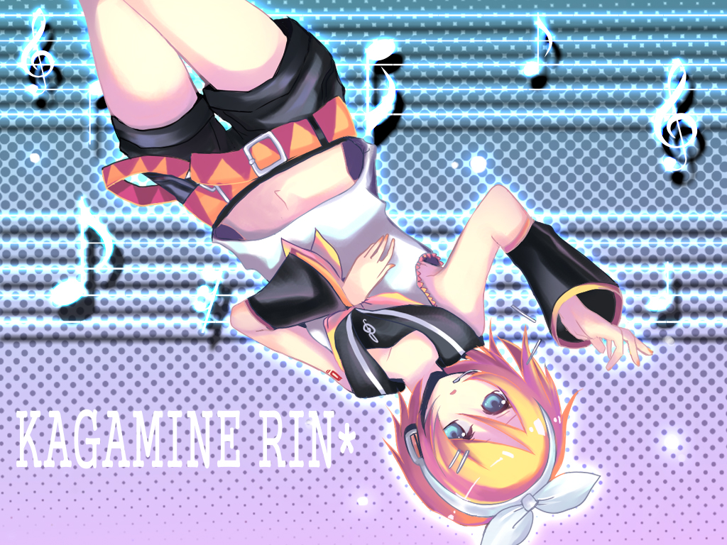 bad_id bad_pixiv_id banned_artist belt blue_eyes buckle character_name detached_sleeves eighth_note harano kagamine_rin looking_at_viewer midriff musical_note navel neckerchief sailor_collar school_uniform serafuku short_hair short_shorts short_sleeves shorts solo staff_(music) stomach treble_clef upside-down vocaloid