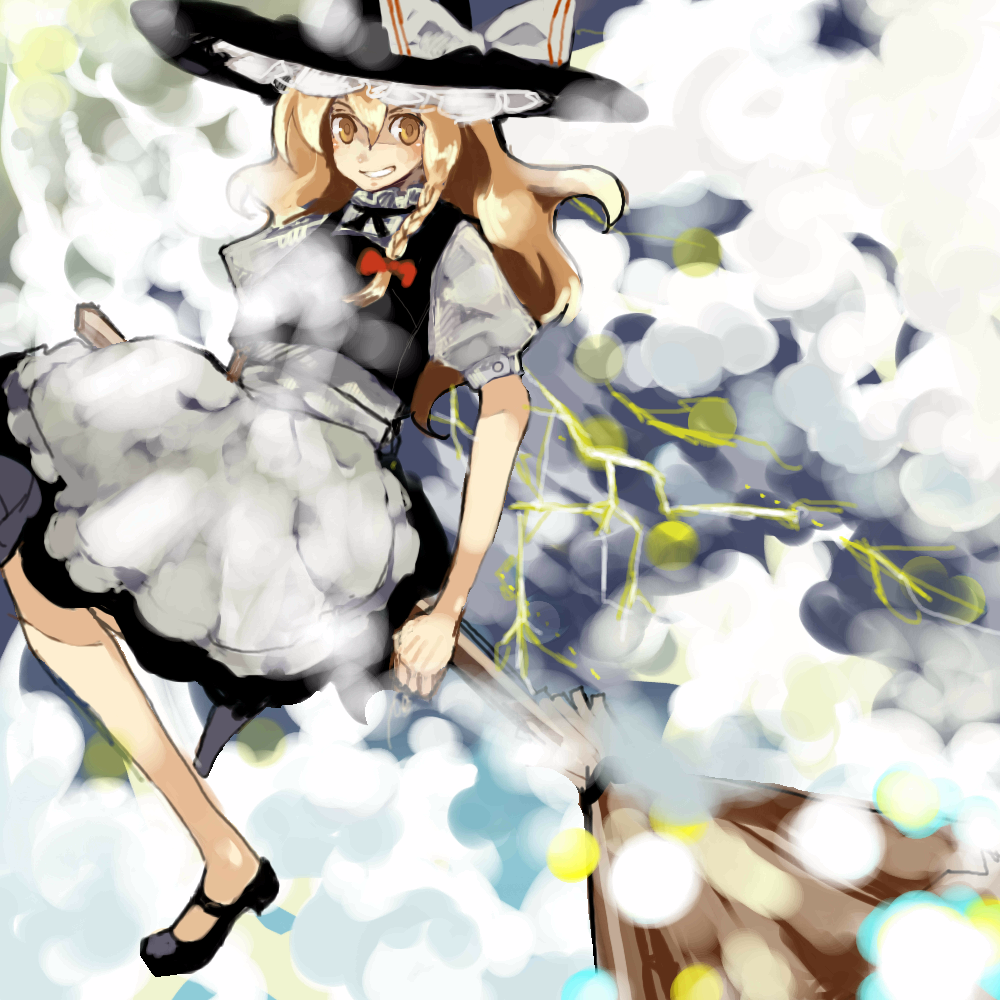 black_bow black_dress black_footwear blonde_hair bow braid broom broom_riding dress hat kirisame_marisa long_hair looking_at_viewer pinafore_dress red_bow shoes solo touhou witch witch_hat yellow_eyes