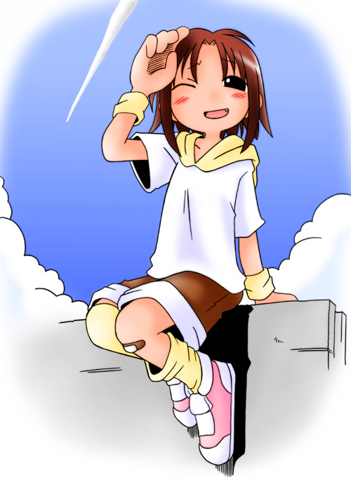 ;d bandaid bandaid_on_knee black_eyes blush brown_hair condensation_trail copyright_request day fang loose_thighhigh marunos one_eye_closed open_mouth short_sleeves shorts sitting sky smile solo thighhighs wristband yellow_legwear