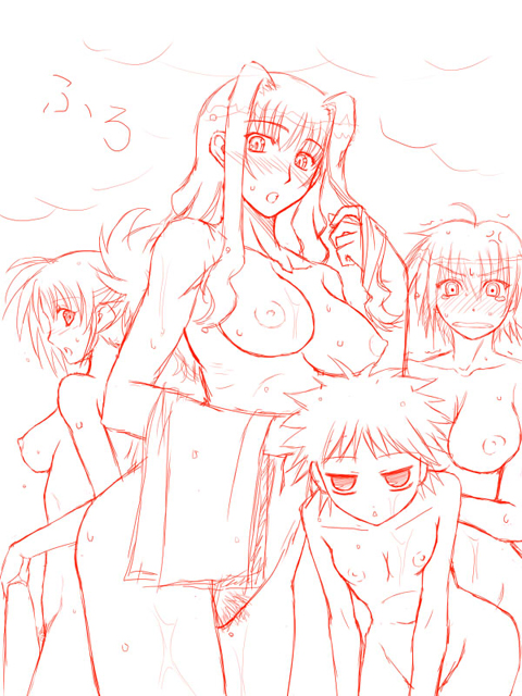 blush breasts embarrassed holding holding_towel ichimedoo large_breasts looking_at_viewer lyrical_nanoha mahou_shoujo_lyrical_nanoha_strikers monochrome multiple_girls nipples nove_(nanoha) nude numbers_(nanoha) otto_(nanoha) towel uno_(nanoha) wendi_(nanoha)