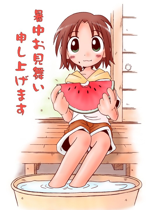 brown_hair copyright_request food fruit green_eyes holding holding_food holding_fruit marunos shochuumimai short_hair solo summer translated water watermelon