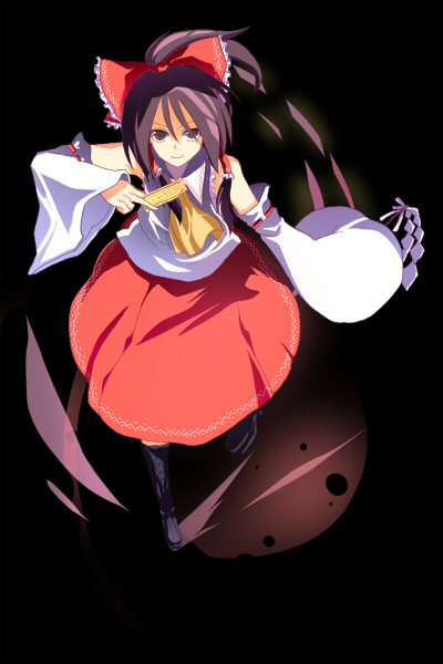 bad_id bad_pixiv_id banned_artist bow brown_eyes brown_hair collar detached_sleeves hair_bow hakurei_reimu harano holding long_sleeves looking_at_viewer ofuda ponytail red_bow red_hair ribbon-trimmed_sleeves ribbon_trim solo standing touhou