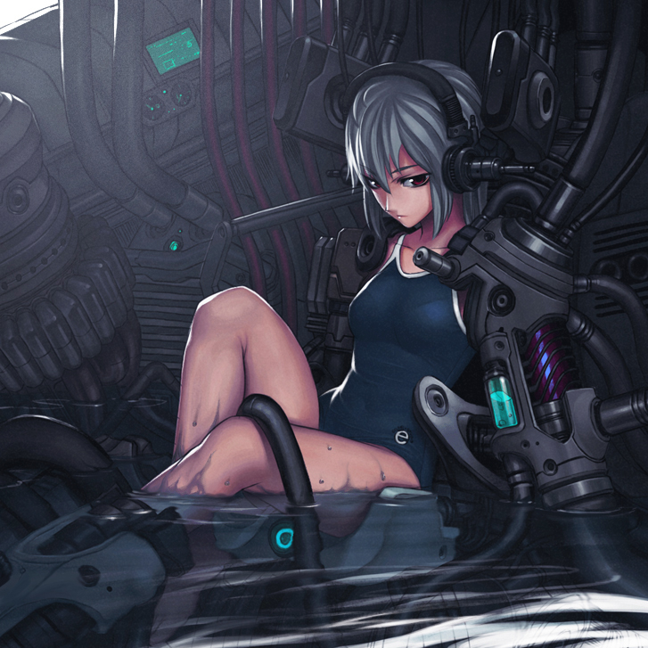 barefoot black_school_swimsuit headgear iwai_ryou long_hair mechanical one-piece_swimsuit original partially_submerged red_eyes school_swimsuit silver_hair solo swimsuit water