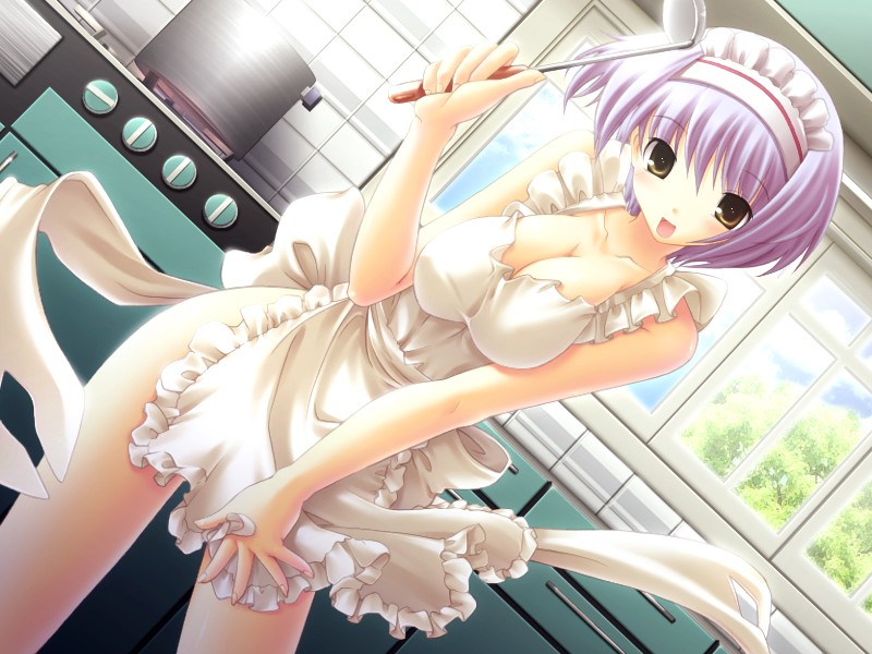 apron breasts cleavage dutch_angle game_cg kitchen ladle large_breasts lavender_hair maid_headdress naked_apron natural_another_one_2nd_belladonna short_hair smile solo suzuri_aoba tsurugi_hagane window yellow_eyes