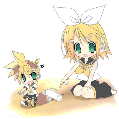 1girl brother_and_sister chibi kagamine_len kagamine_rin lowres paco siblings twins vocaloid