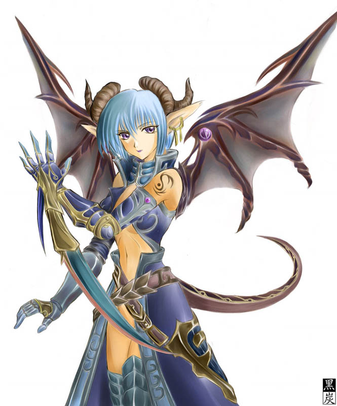 artist_request blue_hair copyright_request demon demon_girl demon_wings gauntlets horns pointy_ears solo tail wings