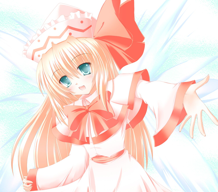 :d blonde_hair bow bowtie capelet green_eyes hat lily_white long_sleeves looking_at_viewer open_mouth red_bow red_neckwear shirotsuki_kouta sidelocks smile solo tate_eboshi touhou upper_body