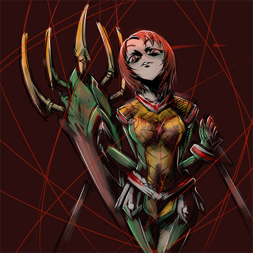 bodysuit cowboy_shot glowing glowing_eyes green_bodysuit juliet_nao_zhang looking_at_viewer multicolored multicolored_bodysuit multicolored_clothes my-otome nekomamire pale_skin parted_lips red_background red_eyes red_hair silk simple_background solo spider_web standing teeth yellow_bodysuit