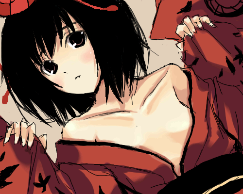 bangs bare_shoulders black_hair blush breasts cleavage collarbone hamayumiba_sou hat japanese_clothes kimono looking_at_viewer lowres off_shoulder parted_lips shameimaru_aya short_hair sleeves_past_wrists small_breasts solo touhou