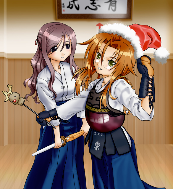 azuma_satori bamboo_blade half_updo hat miyazaki_miyako morisu multiple_girls santa_hat