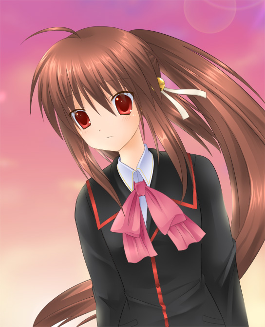 6u_(eternal_land) ahoge bell bow brown_hair expressionless hair_bell hair_ornament little_busters! long_hair long_ponytail natsume_rin pink_bow ponytail red_eyes school_uniform sidelocks solo upper_body