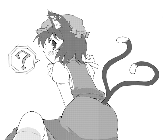 ? animal_ears blush cat_ears cat_tail chen earrings greyscale hat jewelry kusogappa monochrome multiple_tails short_hair solo speech_bubble spoken_question_mark tail touhou