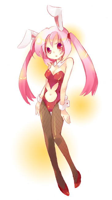 animal_ears bad_id bad_pixiv_id bare_shoulders breasts bunny_ears bunnysuit cleavage detached_collar fishnet_pantyhose fishnets navel_cutout original pantyhose pink_eyes pink_hair simple_background small_breasts solo tachitsu_teto thigh_gap twintails wrist_cuffs