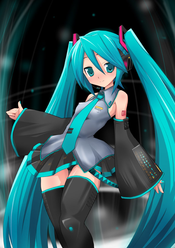 aqua_hair hatsune_miku hermmy long_hair solo thighhighs twintails very_long_hair vocaloid