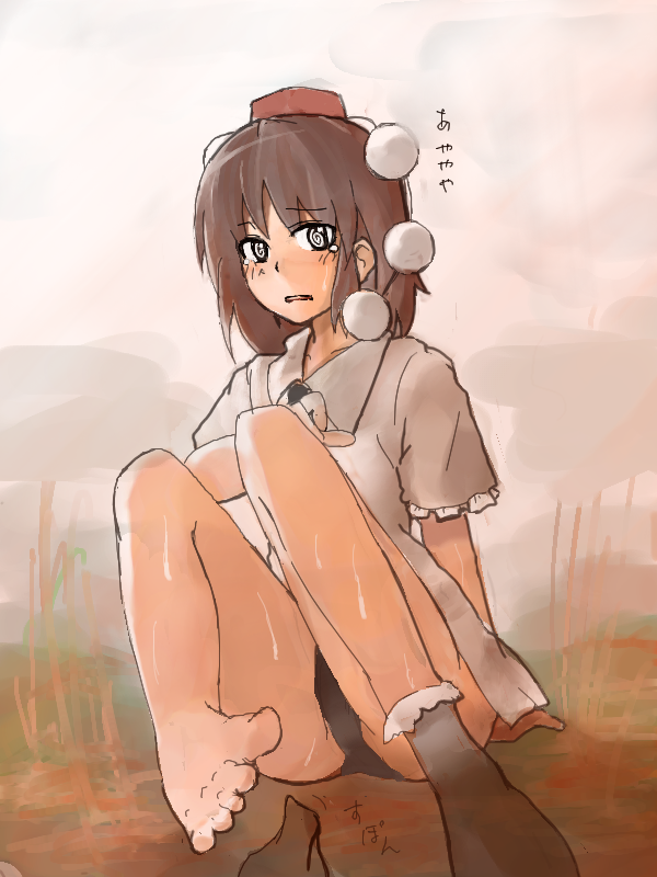 ayaya~ bad_feet bangs barefoot blush embarrassed feet hat looking_at_viewer open_mouth panties shameimaru_aya shoes single_shoe solo touhou underwear