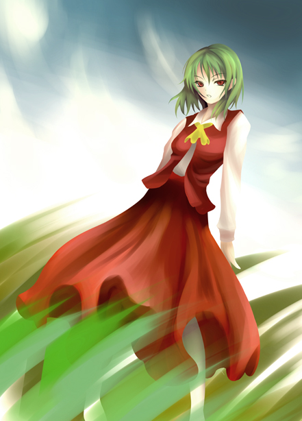 ascot green_hair kazami_yuuka nature red_eyes seiha_(tinnke) short_hair skirt skirt_set solo standing touhou vest