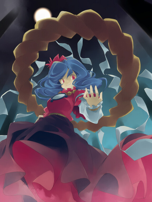 asoka brooch dress full_moon gem hair_ornament jewelry layered_sleeves leaf_hair_ornament long_sleeves looking_at_viewer moon puffy_short_sleeves puffy_sleeves purple_hair red_dress red_eyes rope shimenawa short_hair short_over_long_sleeves short_sleeves solo touhou yasaka_kanako