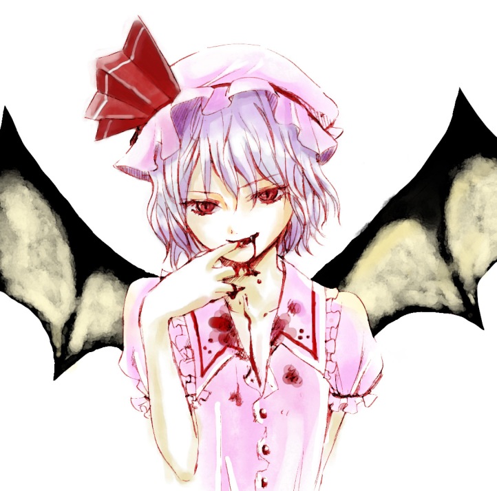 bat_wings blood blood_from_mouth collar evil_smile finger_to_mouth frills head_tilt looking_at_viewer puffy_short_sleeves puffy_sleeves red_eyes remilia_scarlet shippori short_sleeves simple_background smile solo tasting touhou vampire white_background wings