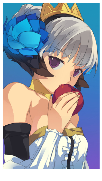 apple bare_shoulders crown detached_sleeves dress face food fruit gradient gradient_background grey_hair gwendolyn holding holding_food holding_fruit no_pupils odin_sphere purple_eyes solo strapless strapless_dress tako_ashin upper_body valkyrie