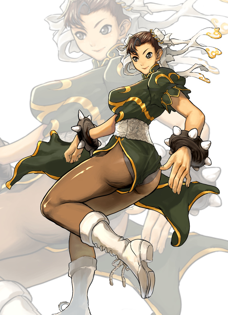 ass bracelet china_dress chinese_clothes chun-li dress inumaru_(sougen_no_marogoya) jewelry pantyhose sash solo spiked_bracelet spikes street_fighter thick_thighs thighs zoom_layer