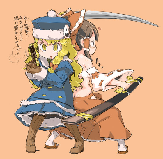 blonde_hair bushidou_(sekaiju) bushidou_(sekaiju)_(cosplay) coat cosplay gun gunner gunner_(cosplay) hakurei_reimu hat jack_frost kirisame_marisa multiple_girls randou scabbard sekaiju_no_meikyuu sheath sword touhou translated weapon