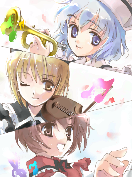 beamed_eighth_notes blonde_hair coco_(artist) eighth_note instrument lunasa_prismriver lyrica_prismriver merlin_prismriver multiple_girls musical_note one_eye_closed siblings sisters touhou trumpet violin