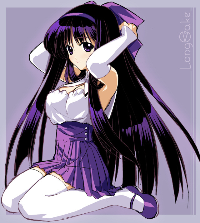 artist_request bow copyright_request elbow_gloves gloves kneeling long_hair purple_eyes purple_hair solo thighhighs