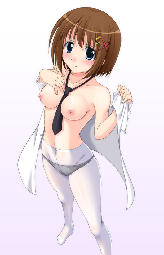 between_breasts breasts crotch_seam hair_ornament large_breasts lyrical_nanoha mahou_shoujo_lyrical_nanoha_strikers narutaki_shin necktie nipples open_clothes open_shirt panties panties_under_pantyhose pantyhose shirt solo underwear undressing white_legwear x_hair_ornament yagami_hayate