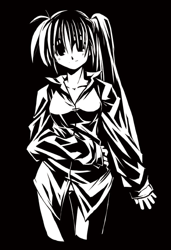 black_background collarbone collared_shirt greyscale long_hair long_sleeves looking_at_viewer lyrical_nanoha mahou_shoujo_lyrical_nanoha_strikers monochrome pants shirt side_ponytail simple_background solo standing takamachi_nanoha very_long_hair yuuka_(o.t.kingdom)