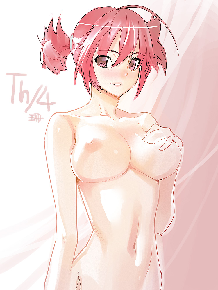 blush breasts inverted_nipples large_breasts navel nipples nude original perky_breasts red_eyes red_hair sanbasou short_hair smile solo twintails upper_body