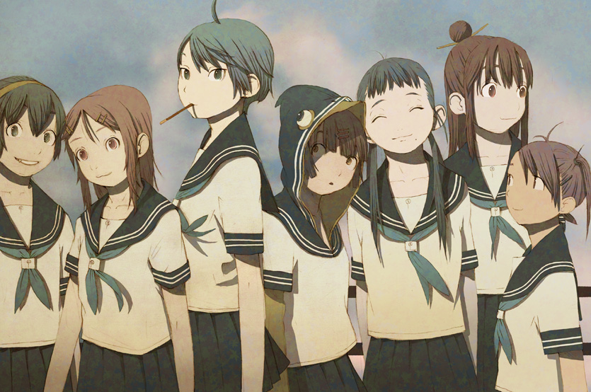 ahoge bad_id bad_pixiv_id blue_hair brown_hair closed_eyes food grin hairband hood long_hair looking_at_another looking_away looking_up mole mole_under_mouth mouth_hold multiple_girls original parted_lips pocky school_uniform serafuku short_hair smile tashiro_hokekyo twintails
