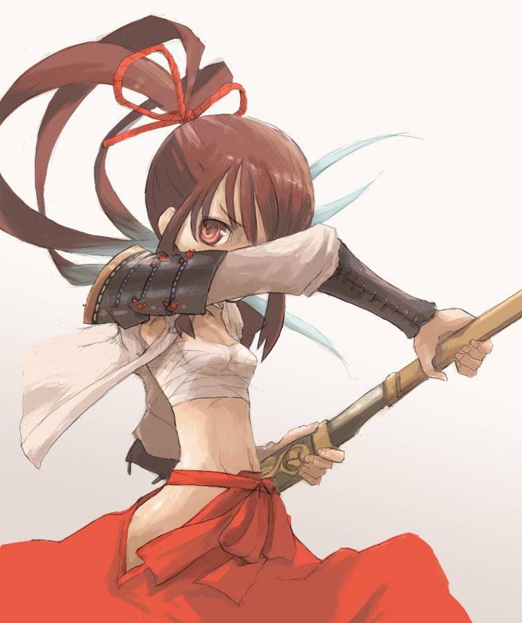 aqua_hair arm_guards armor armpit_cutout bangs breasts brown_eyes brown_hair bushidou_(sekaiju) crossed_legs gradient_hair grey_background groin hakama high_ponytail holding holding_sword holding_weapon japanese_armor japanese_clothes knee_up kote kurokote long_hair long_sleeves looking_at_viewer multicolored_hair navel one_eye_covered open_clothes outstretched_arm pota_(nabrinko) red_eyes red_hakama sarashi sekaiju_no_meikyuu sheath shoulder_armor sidelocks simple_background small_breasts sode solo sword two-tone_hair unsheathing weapon