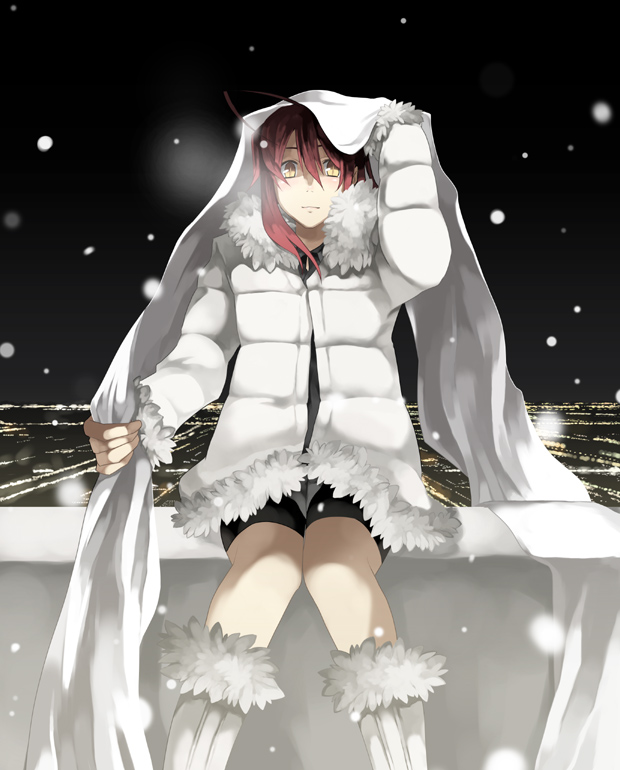 city coat copyright_request kgr night red_hair sitting snow solo yellow_eyes