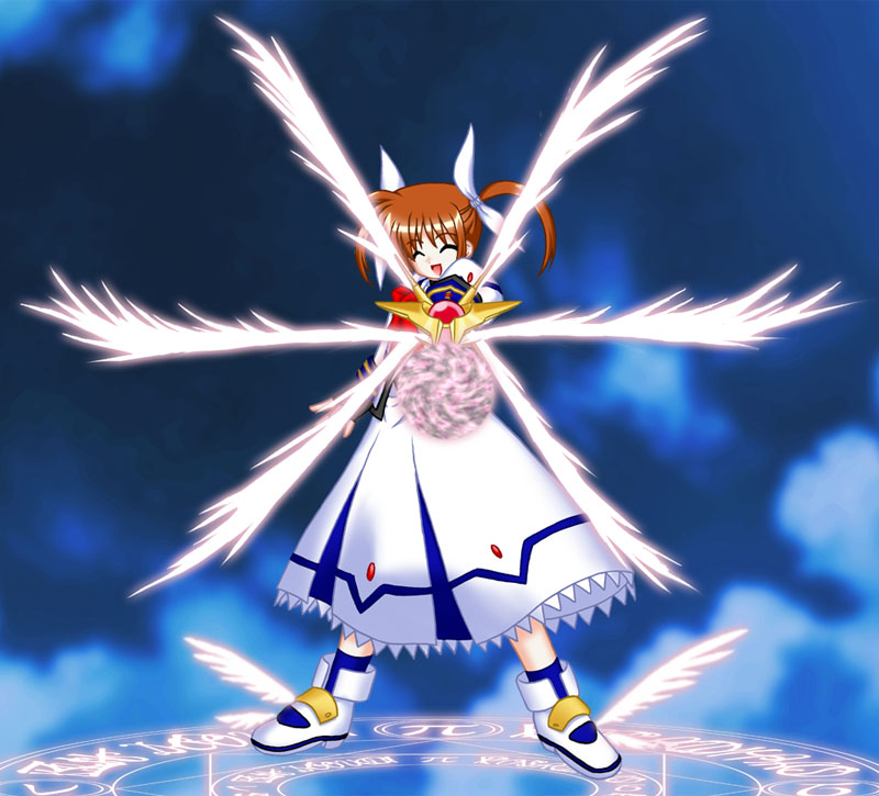 aiming_at_viewer bow closed_eyes energy_ball energy_wings lyrical_nanoha magic_circle magical_girl mahou_shoujo_lyrical_nanoha mahou_shoujo_lyrical_nanoha_a's non-web_source raising_heart red_bow red_hair shoes solo takamachi_nanoha twintails white_devil winged_shoes wings