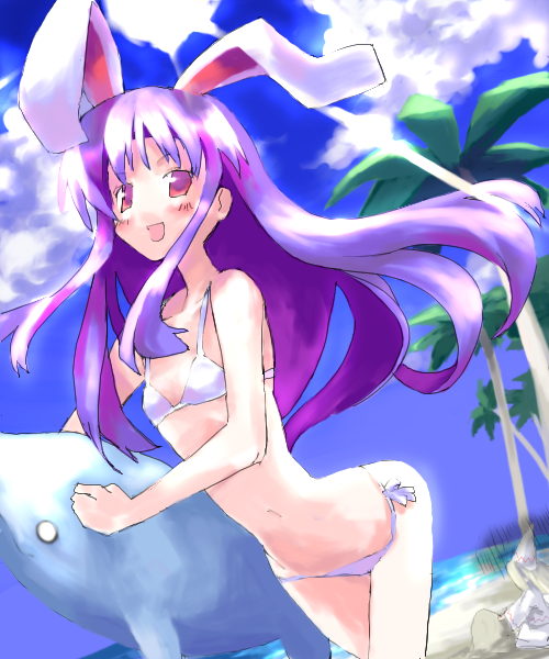 animal_ears bikini bunny_ears day reisen_udongein_inaba solo swimsuit touhou xexu