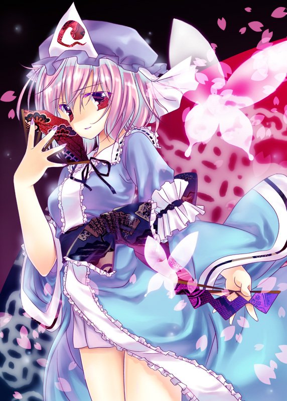 animal arm_garter bare_legs bug butterfly fan flying folding_fan frills hat hinohino holding insect japanese_clothes kimono long_sleeves looking_at_viewer mob_cap saigyouji_yuyuko sash solo standing thighs touhou triangular_headpiece