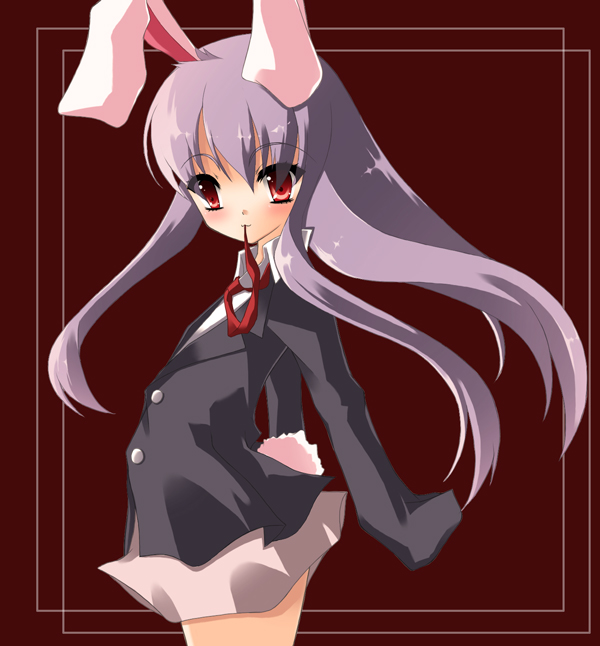 :3 animal_ears blazer bunny_ears flat_chest jacket lavender_hair long_sleeves mouth_hold noi red_eyes reisen_udongein_inaba ribbon solo touhou
