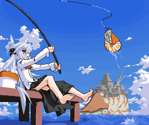 fishing fishing_rod holding holding_fishing_rod lowres mof mof's_silver_haired_twintailed_girl nautilus_(animal) oekaki original solo