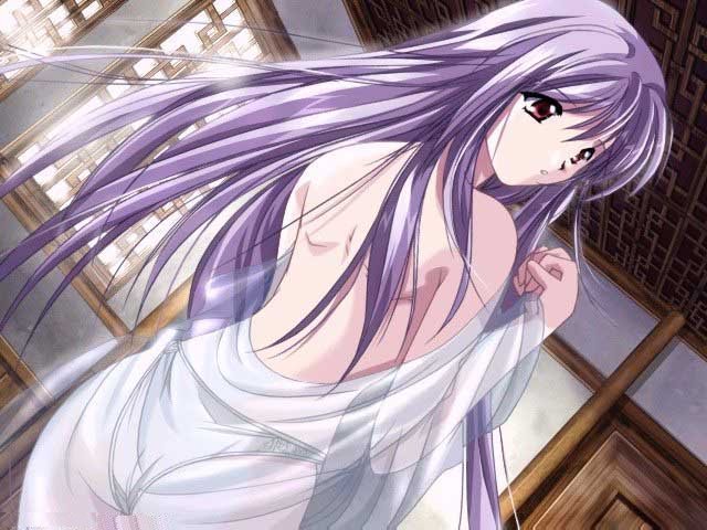 bathhouse jpeg_artifacts kurenai_no_namida long_hair panties purple_hair see-through solo underwear undressing yamamoto_kazue