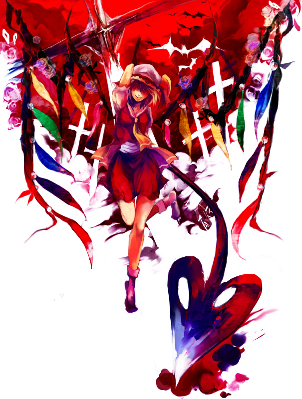 arm_up arms_behind_back bat blonde_hair flandre_scarlet flower grave hat laevatein no_shoes partially_colored rose short_hair socks solo standing standing_on_one_leg toriko_(hatoriko) touhou wings