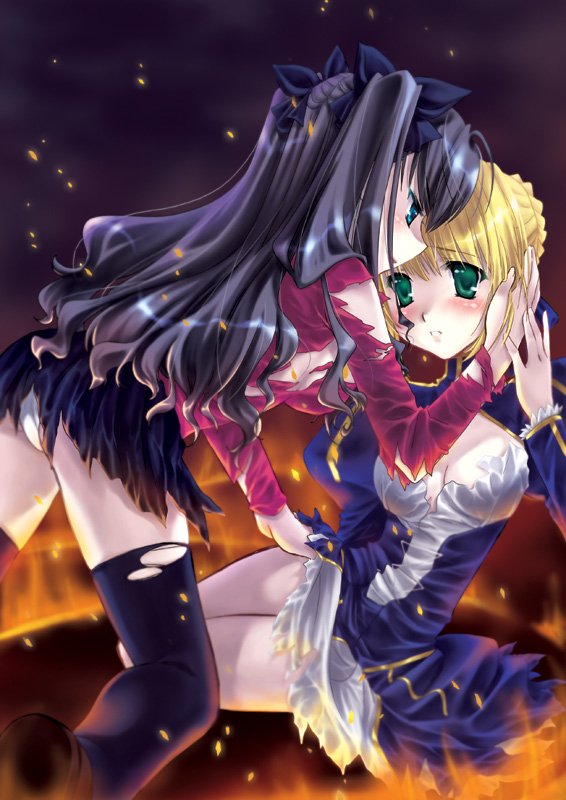 artoria_pendragon_(all) blonde_hair breasts fate/stay_night fate_(series) green_eyes hinohino jpeg_artifacts medium_breasts multiple_girls saber shoes thighhighs toosaka_rin torn_clothes torn_legwear