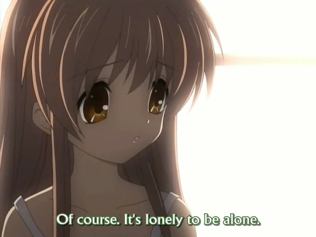 bloom brown_eyes brown_hair clannad girl_from_the_illusionary_world lonely long_hair looking_to_the_side obvious screencap solo subtitled