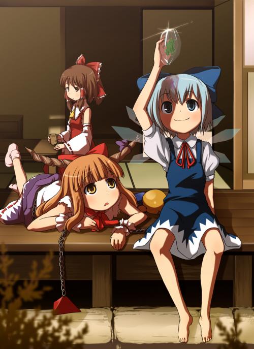 arm_up barefoot blue_dress blue_eyes blue_hair bow brown_hair cirno dress feet frog hakurei_reimu holding ibuki_suika ice ice_wings indoors long_hair lying mishima_hiroji multiple_girls on_stomach outdoors puffy_short_sleeves puffy_sleeves short_hair short_sleeves sitting sliding_doors smile socks tatami tea touhou veranda very_long_hair wings