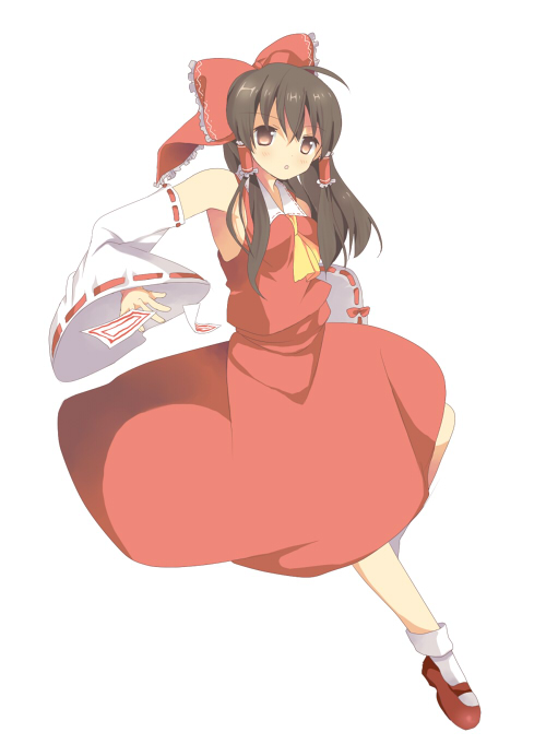 ascot bad_id bad_pixiv_id brown_eyes brown_hair collar detached_sleeves full_body hakurei_reimu long_sleeves looking_at_viewer mary_janes noise_(hakusen) ribbon-trimmed_sleeves ribbon_trim shoes simple_background solo touhou white_background