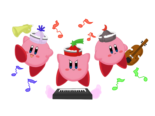 cosplay crossover hat instrument keyboard_(instrument) kirby kirby_(series) lunasa_prismriver lunasa_prismriver_(cosplay) lyrica_prismriver lyrica_prismriver_(cosplay) merlin_prismriver merlin_prismriver_(cosplay) music no_humans parody touhou violin
